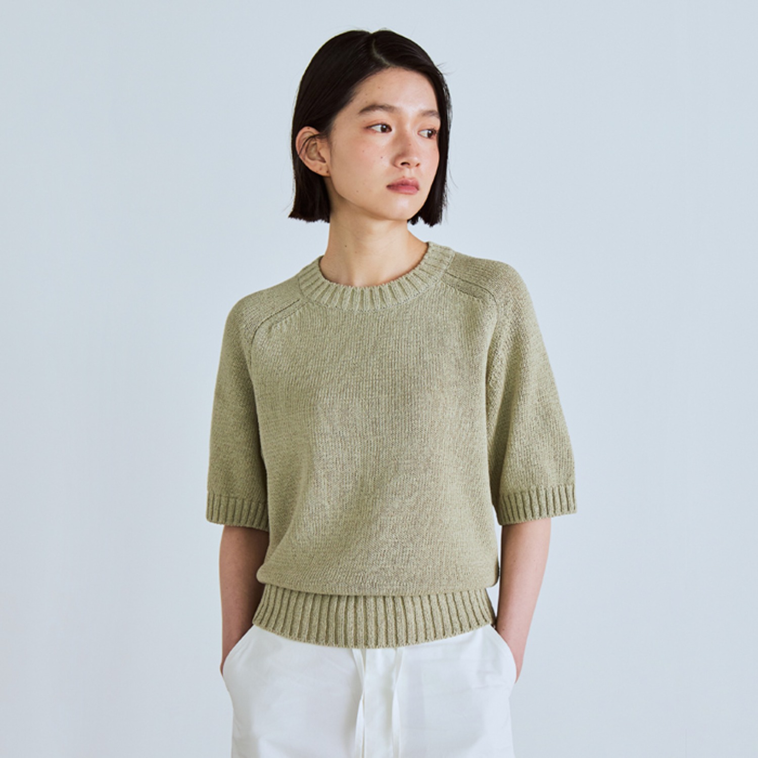 crew neck s/s knit(womens) leek green